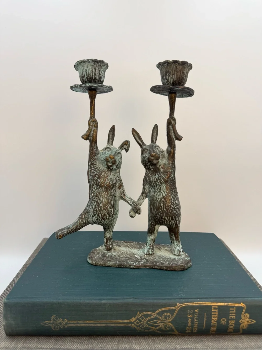 Vintage Bronze with Verdigris Rabbit Candlestick Holders